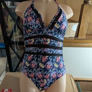 Urchics Floral V-Neck One Piece Swimsuit With Black Sarong NWOT